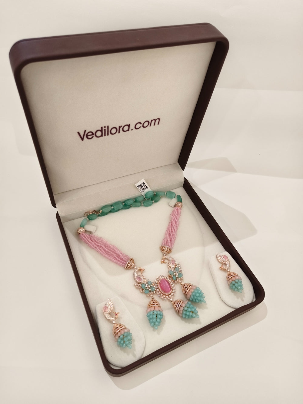 Peacock-Inspired Beaded Jhumka Necklace Set real view 1