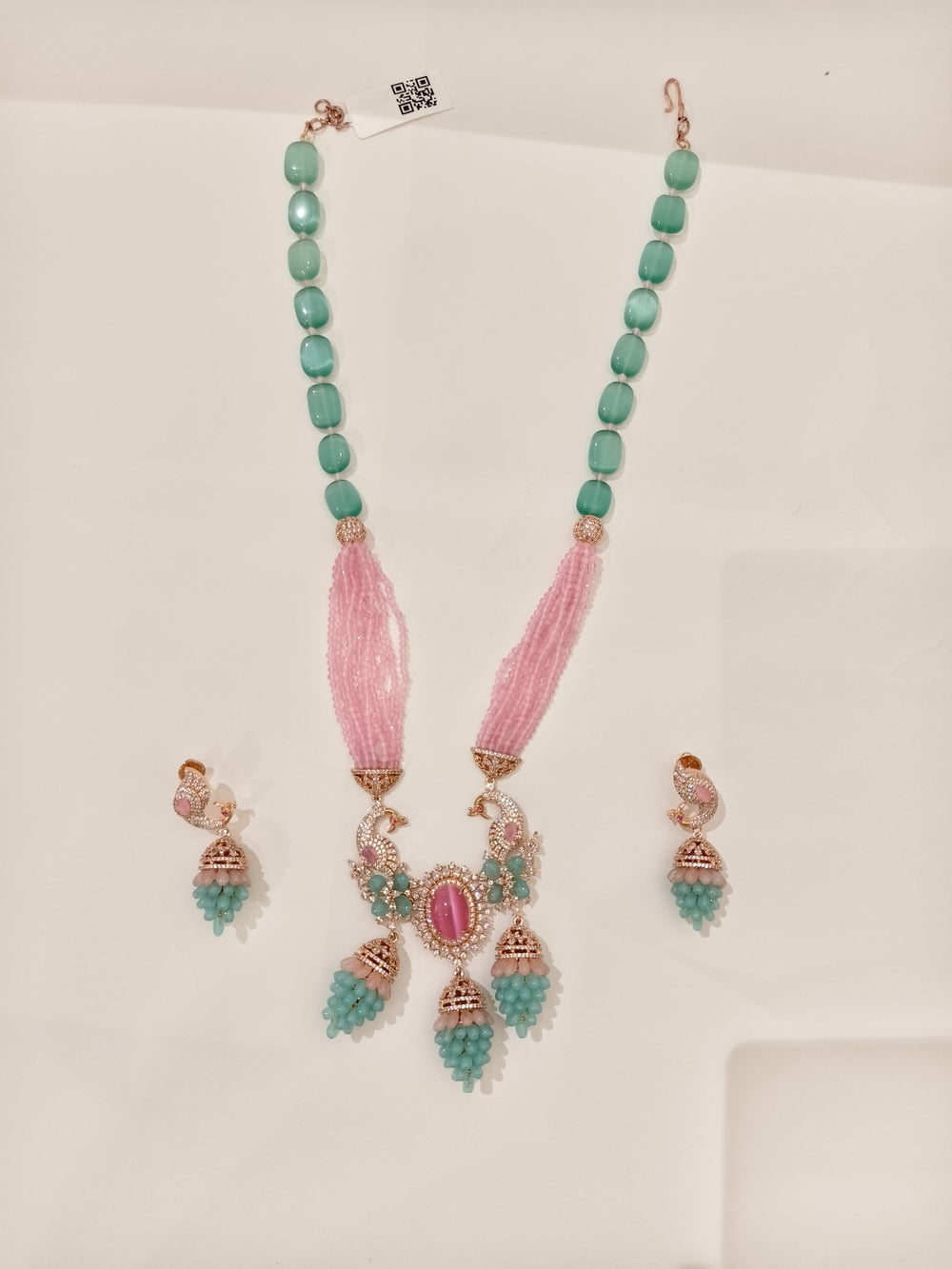 Peacock-Inspired Beaded Jhumka Necklace Set real view 2