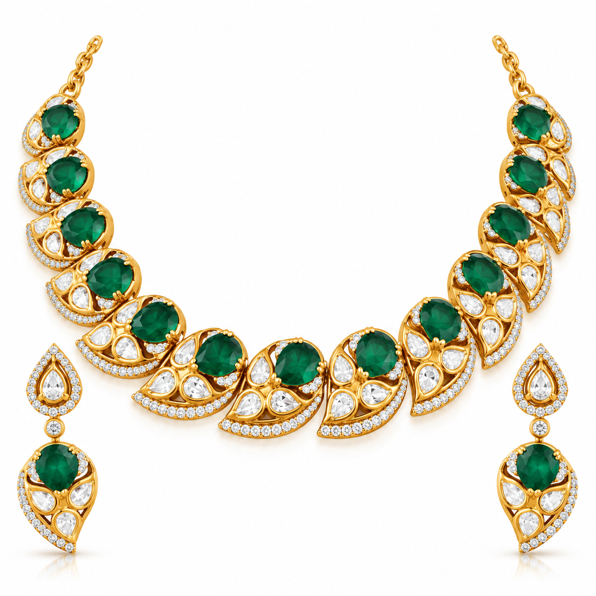 Emerald Polki Leaf Necklace Set