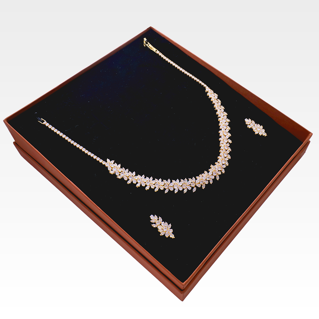 Elegant Floral Diamond Necklace & Earring Set in Gold