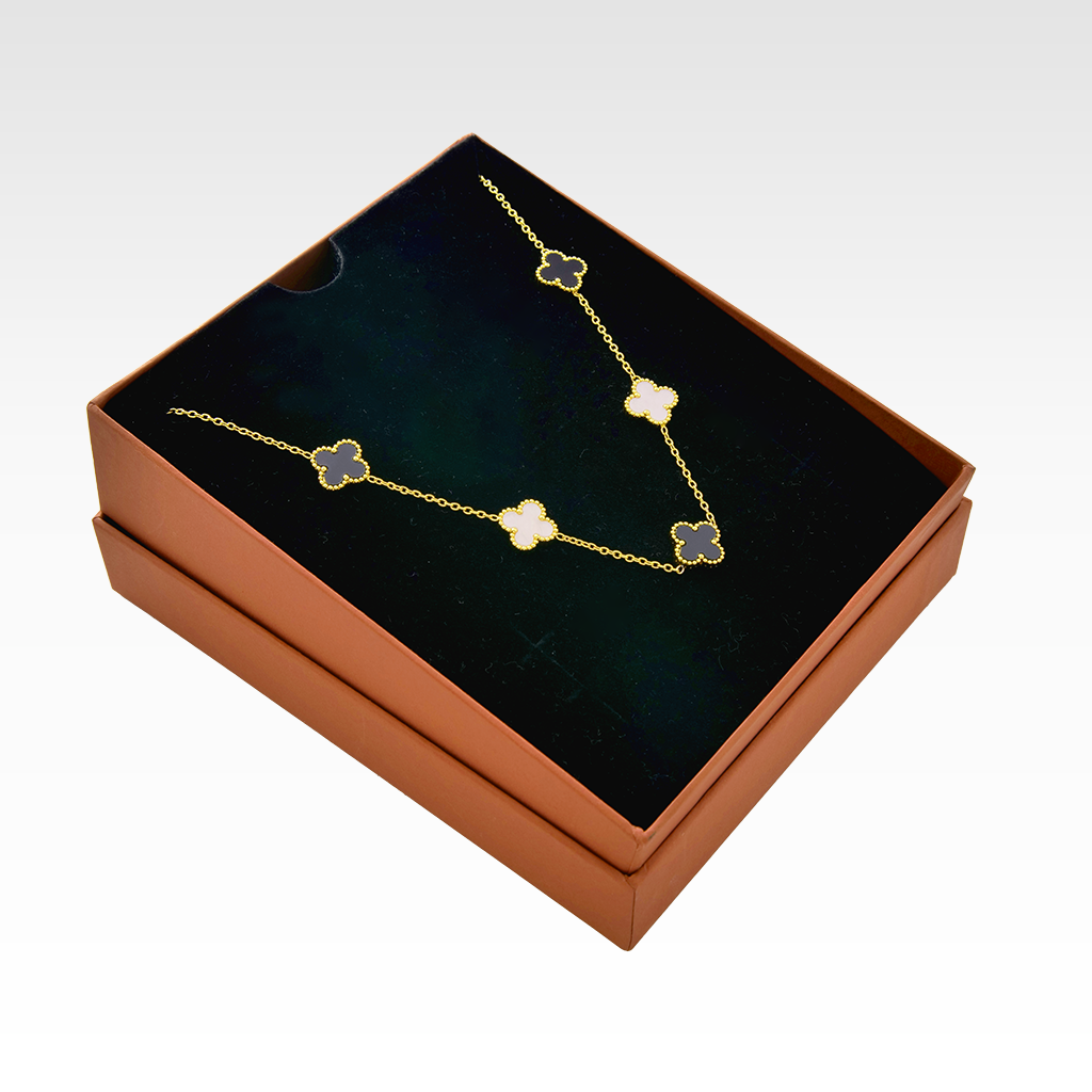 Gilded Onyx & Pearl Clover Station Necklace