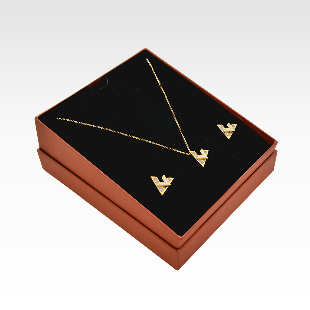 Modern V Shape Gold Pendant Necklace & Earring Set
