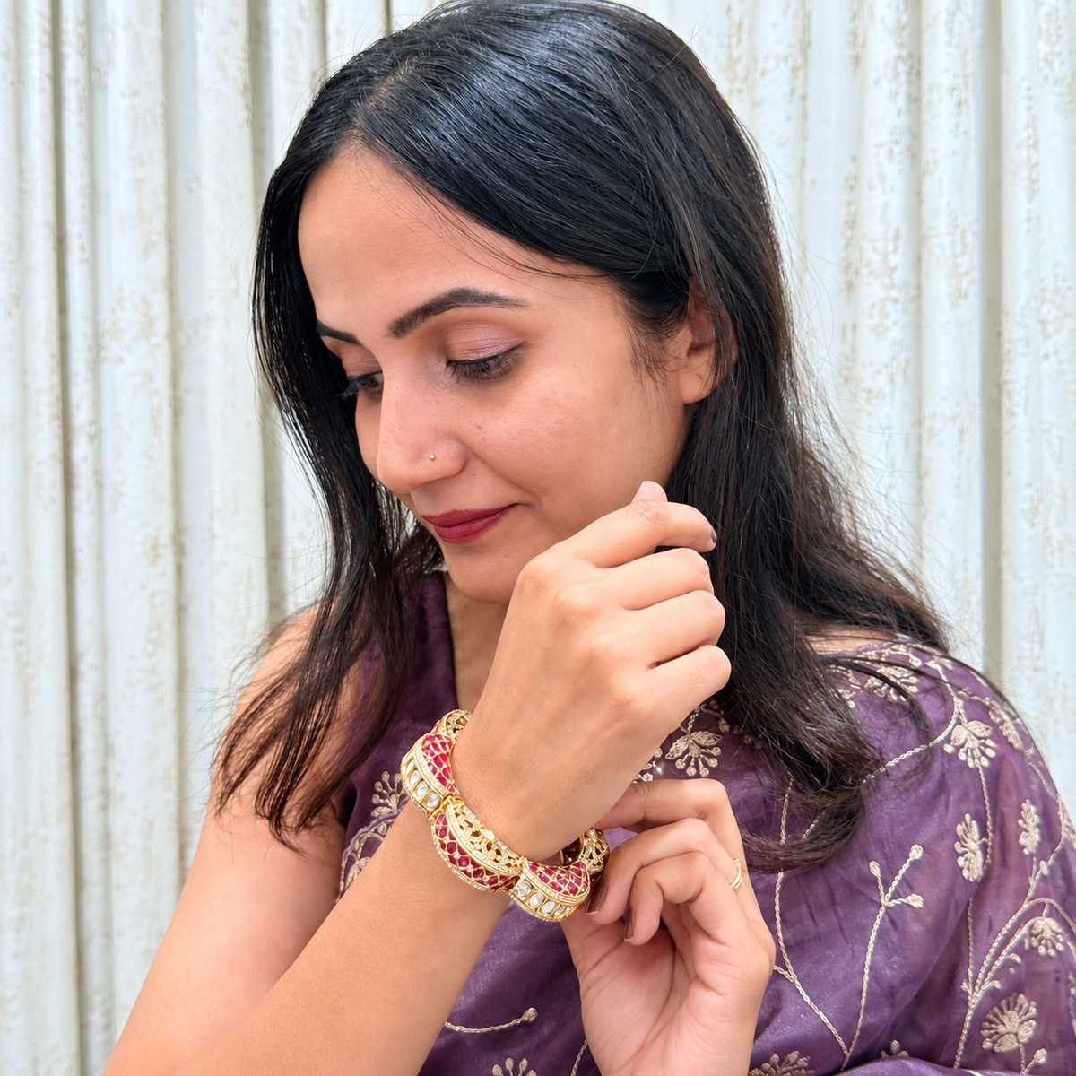Elegant Lotus Kada with Intricate White Stone & Gold-Tone Detailing