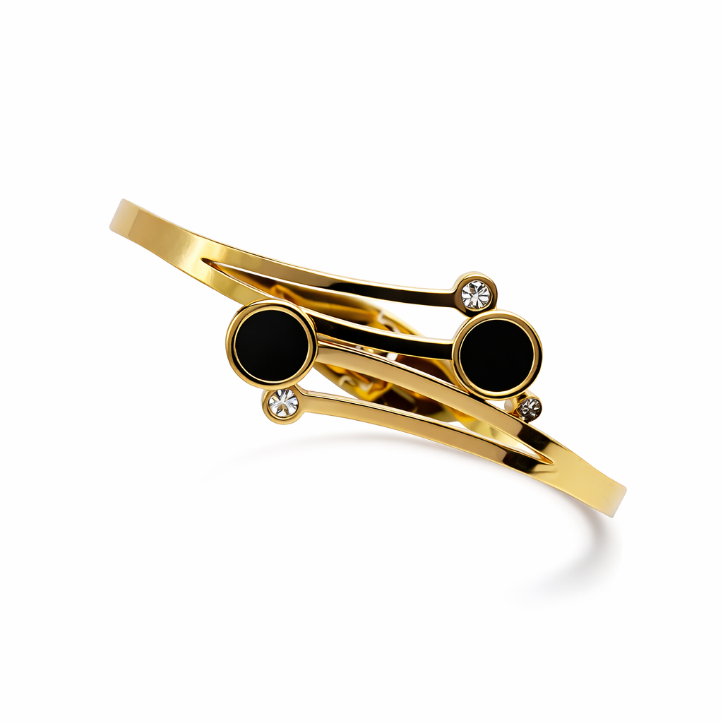 The Onyx Orbit Gold Bypass Bangle