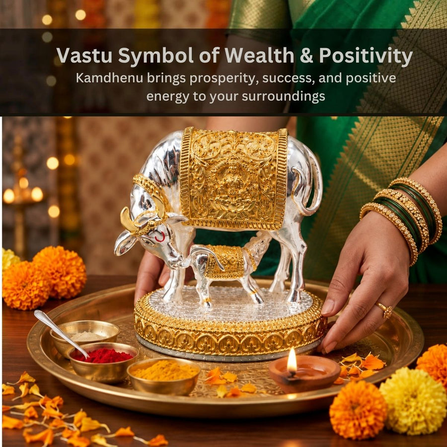 24K Gold plated and 999 Pure Silver Plated Kamdhenu Cow Idol - 6 Inch, Auspicious Vastu Home Decor for Pooja Room and Mandir I A Home Decore & Spiritual Gift