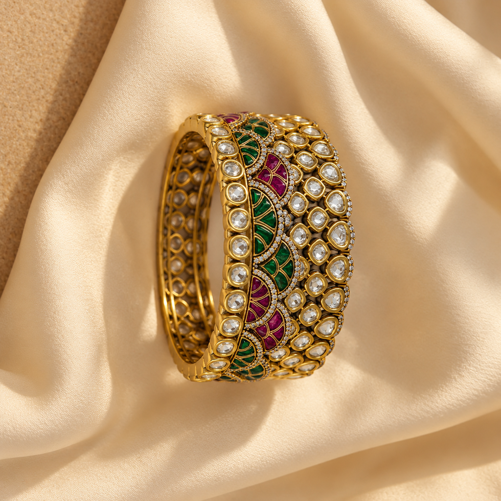 Emerald Green & Ruby Floral Statement Bracelet