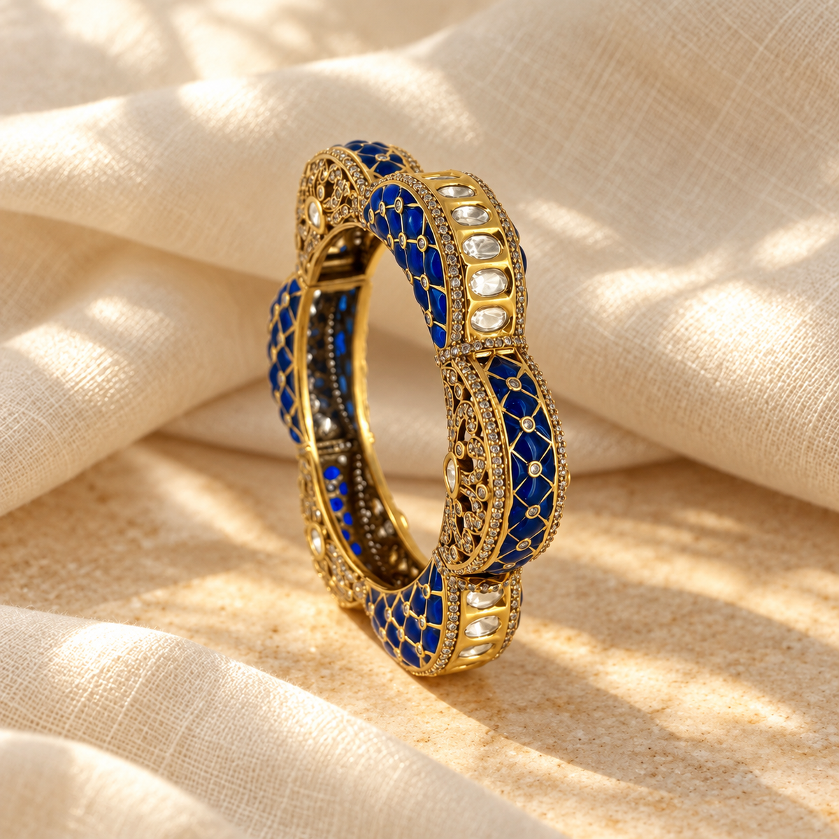 Elegant Lotus Kada with Intricate White Stone & Gold-Tone Detailing