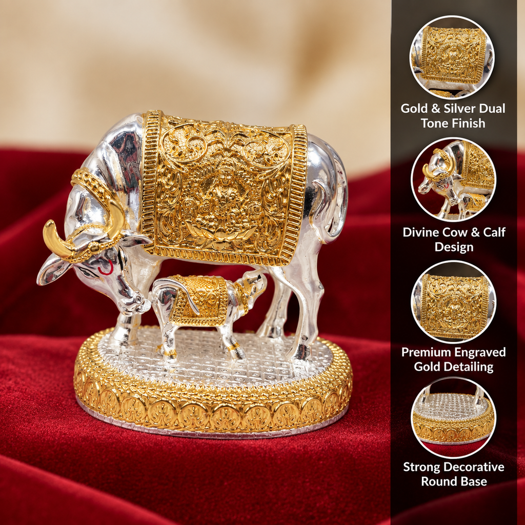 24K Gold plated and 999 Pure Silver Plated Kamdhenu Cow Idol - 6 Inch, Auspicious Vastu Home Decor for Pooja Room and Mandir I A Home Decore & Spiritual Gift