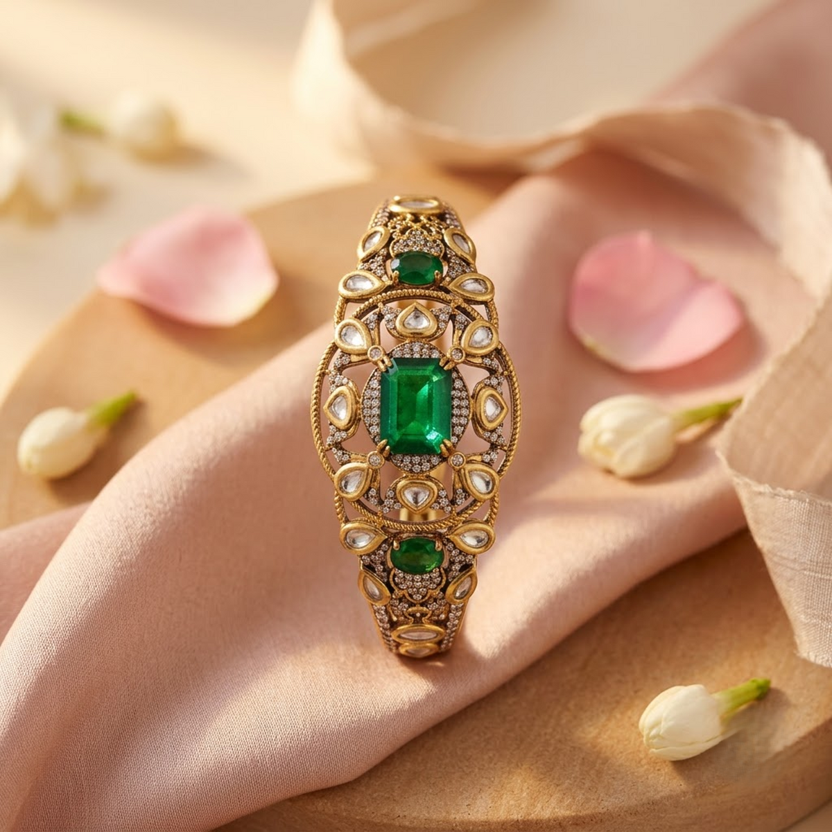 Emerald Green & White Stone Statement Bracelet