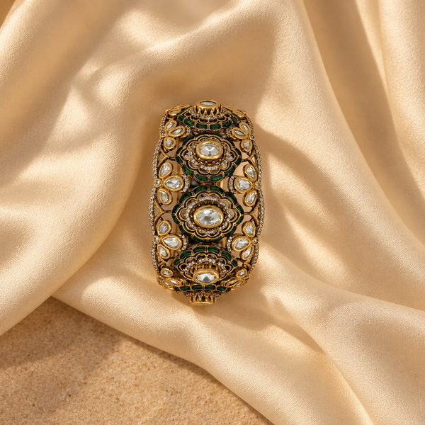 Floral Emerald Green Statement Bracelet with Gold-Tone Finish