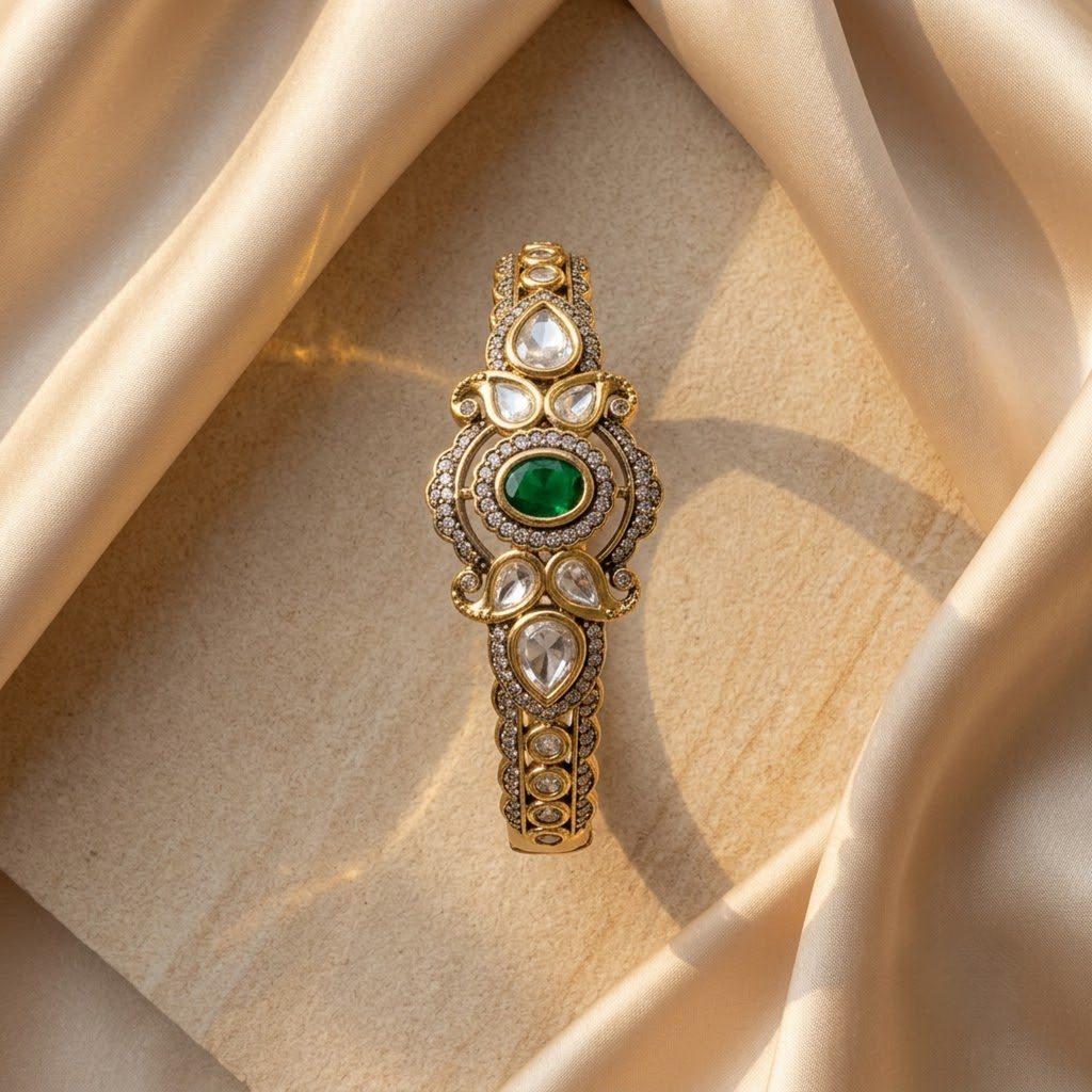 Emerald Statement Bracelet with Polki & CZ