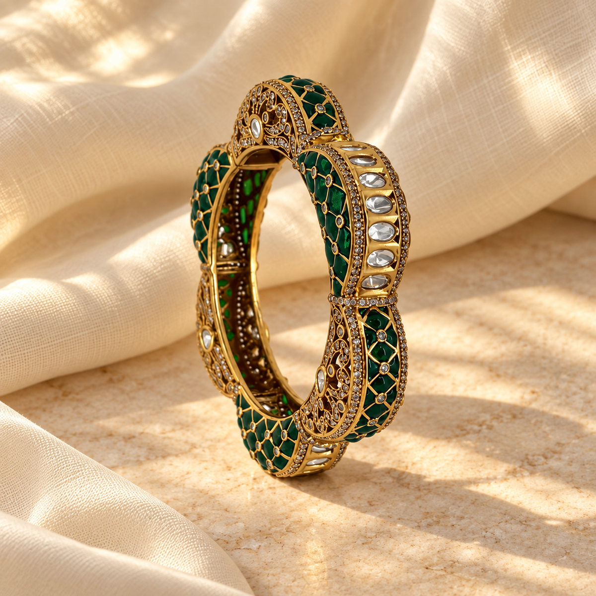 Elegant Lotus Kada with Intricate White Stone & Gold-Tone Detailing