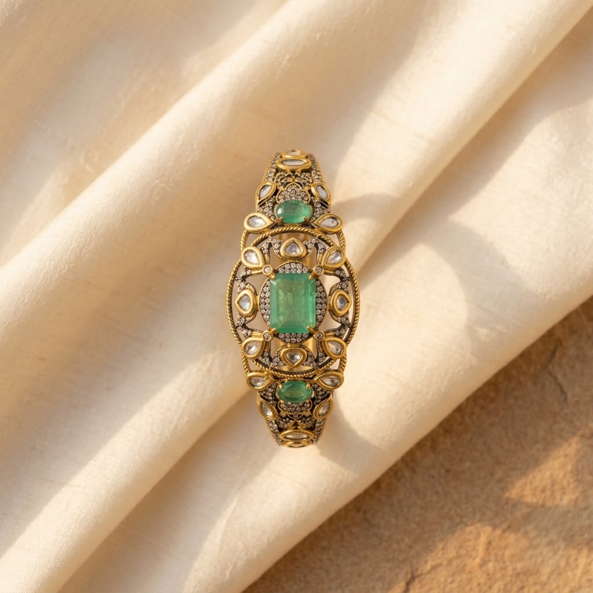 Emerald Green & White Stone Statement Bracelet