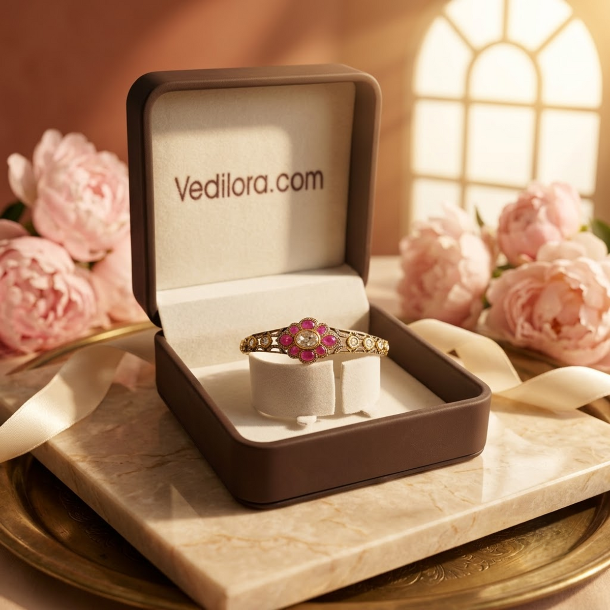 Floral Ruby Statement Bracelet with Gold-Tone Finish