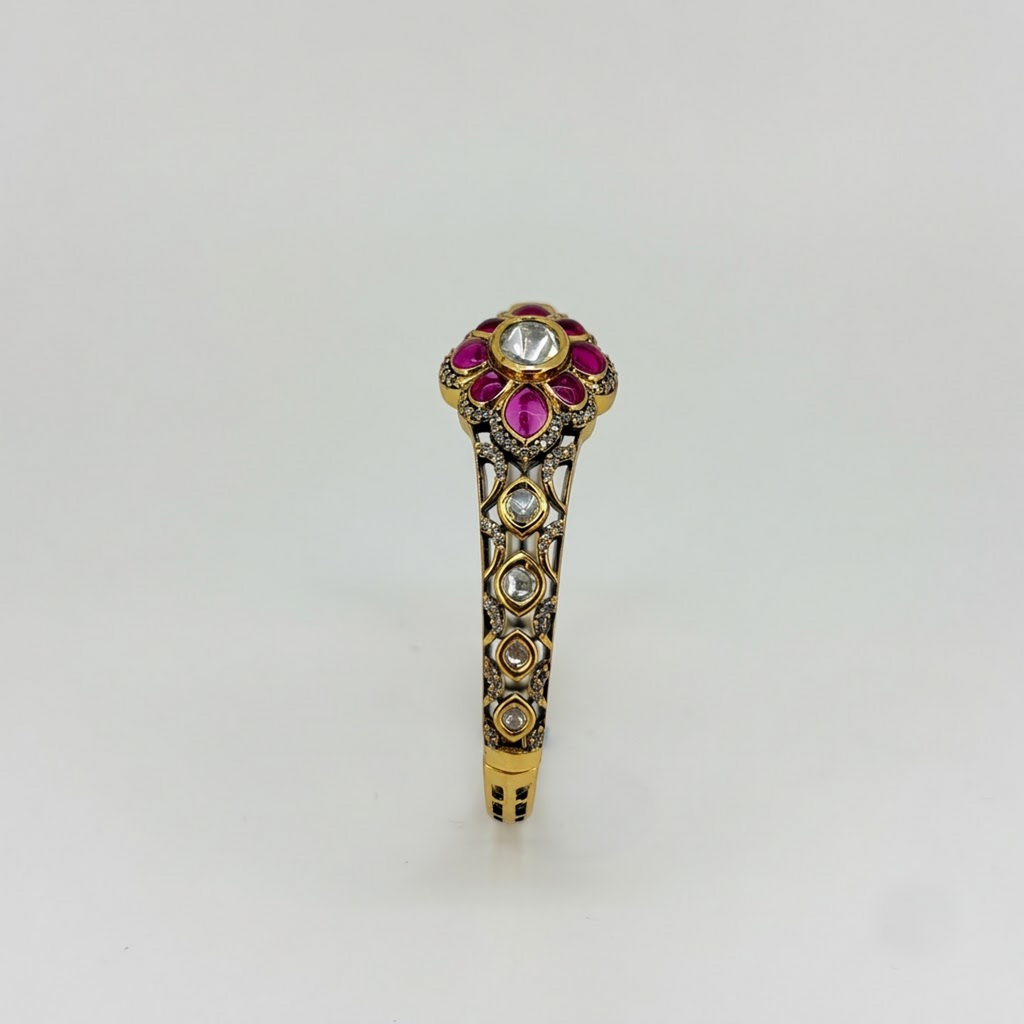 Floral Ruby Statement Bracelet with Gold-Tone Finish
