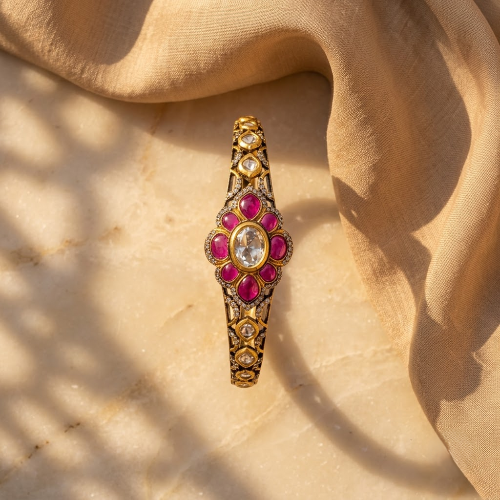 Floral Ruby Statement Bracelet with Gold-Tone Finish