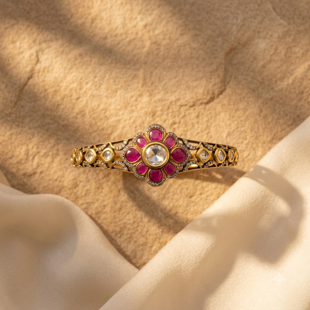 Floral Ruby Statement Bracelet with Gold-Tone Finish