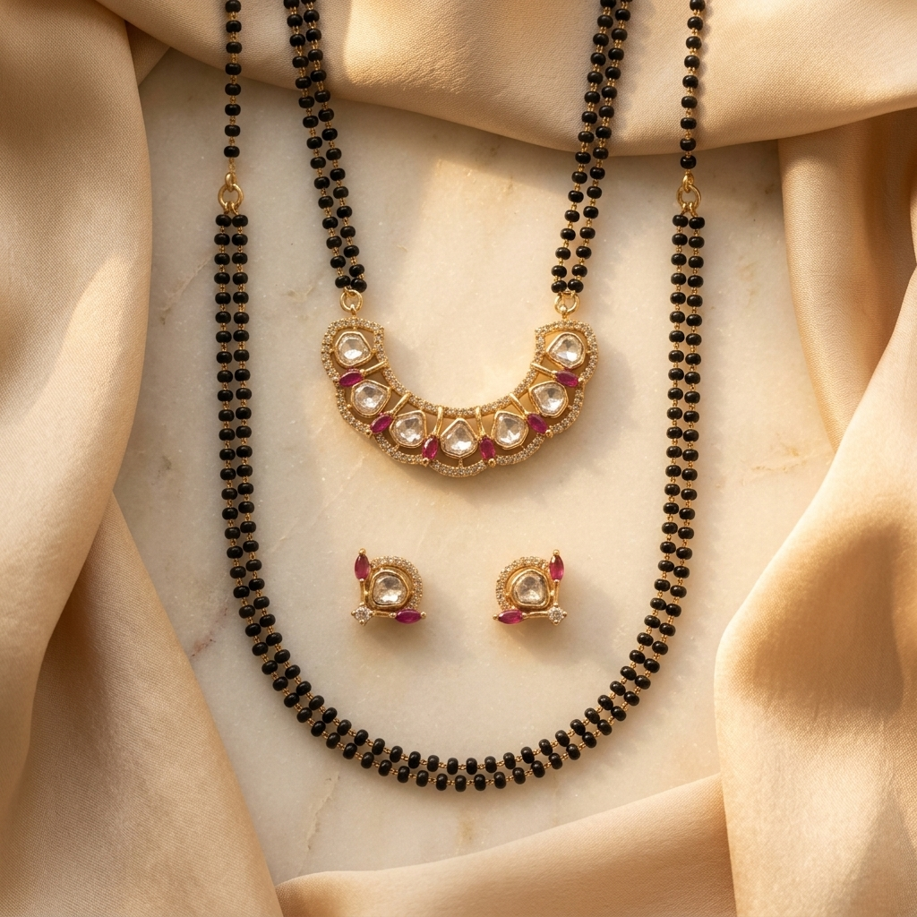 Ruby & Polki Inspired Gold-Plated Mangalsutra Necklace Set with Earrings