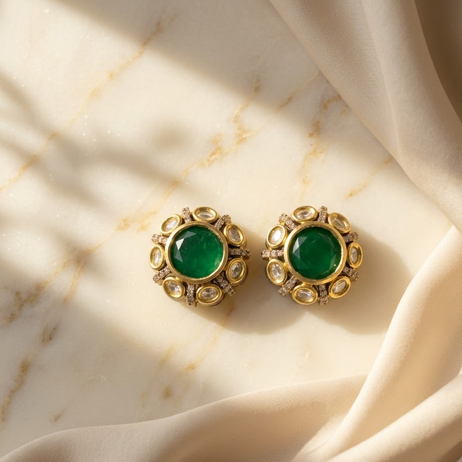 Vedilora Kundan Stud Earrings – Elegant Gold-Tone Statement Earrings
