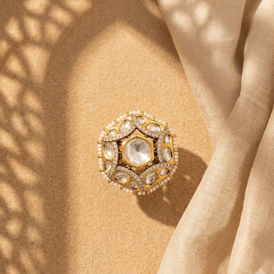 Vedilora Kundan Pearl Statement Ring – Gold-Tone Designer Ring Size: Free Size / Adjustable