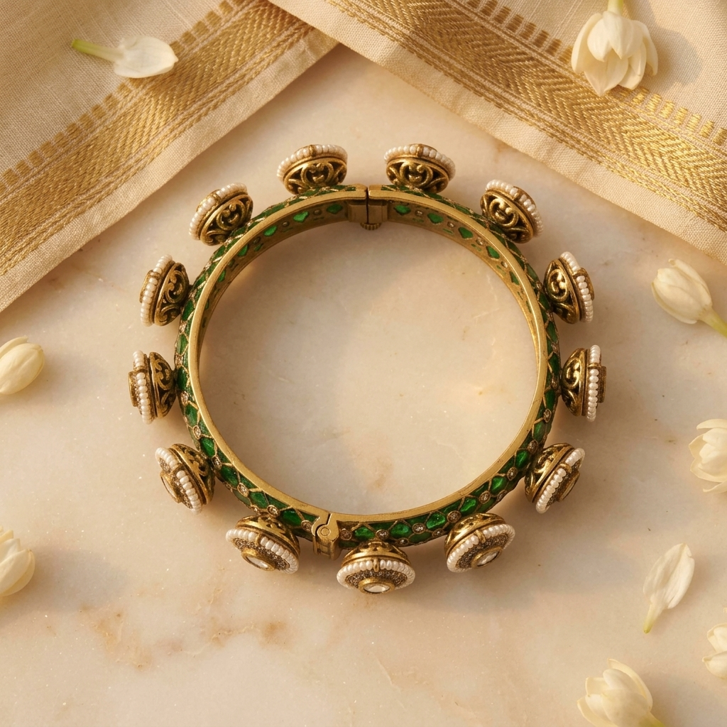 Emerald Green Kundan-Inspired Designer Bangle