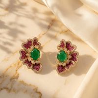 Vedilora Kundan Floral Stud Earrings – Green, Pink & Red Statement Jewellery