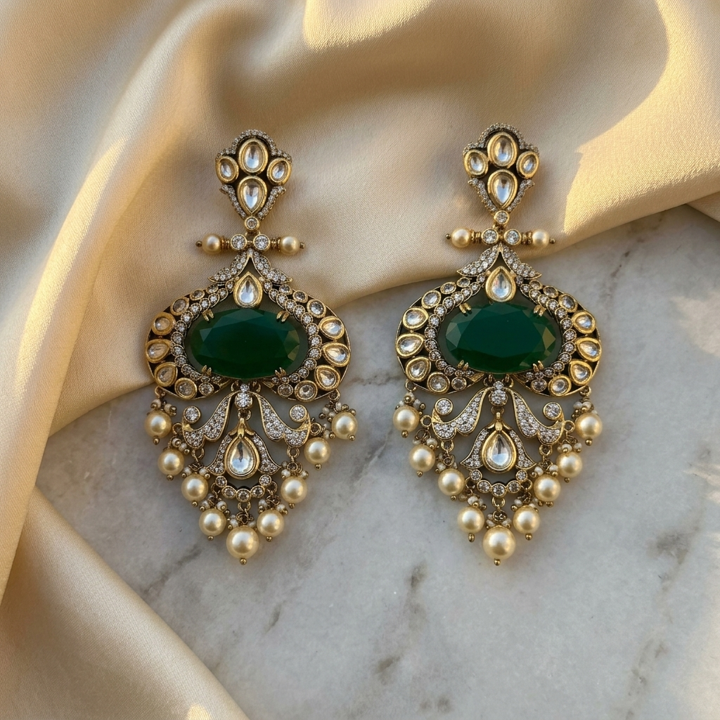 Emerald Green Kundan-Inspired Pearl Drop Earrings