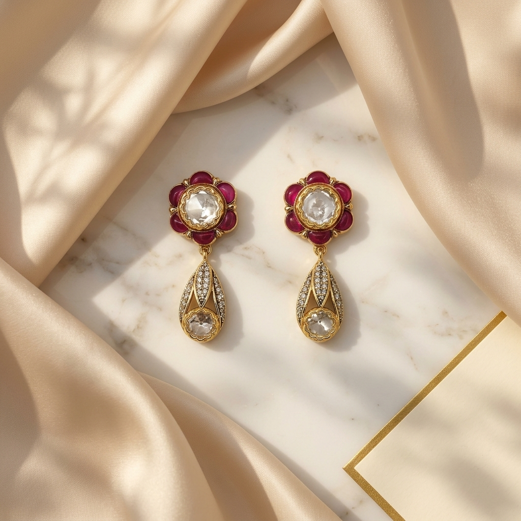 Elegant Ruby Pink Kundan-Inspired Drop Earrings
