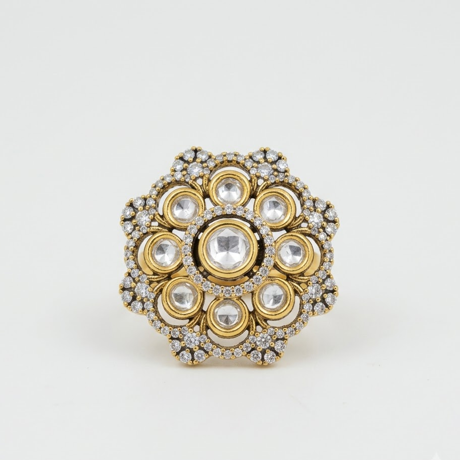 Vedilora Kundan Statement Ring – Free Size Floral Gold-Tone Ring