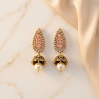 Elegant Pink Kundan-Inspired Pearl Jhumka Earrings