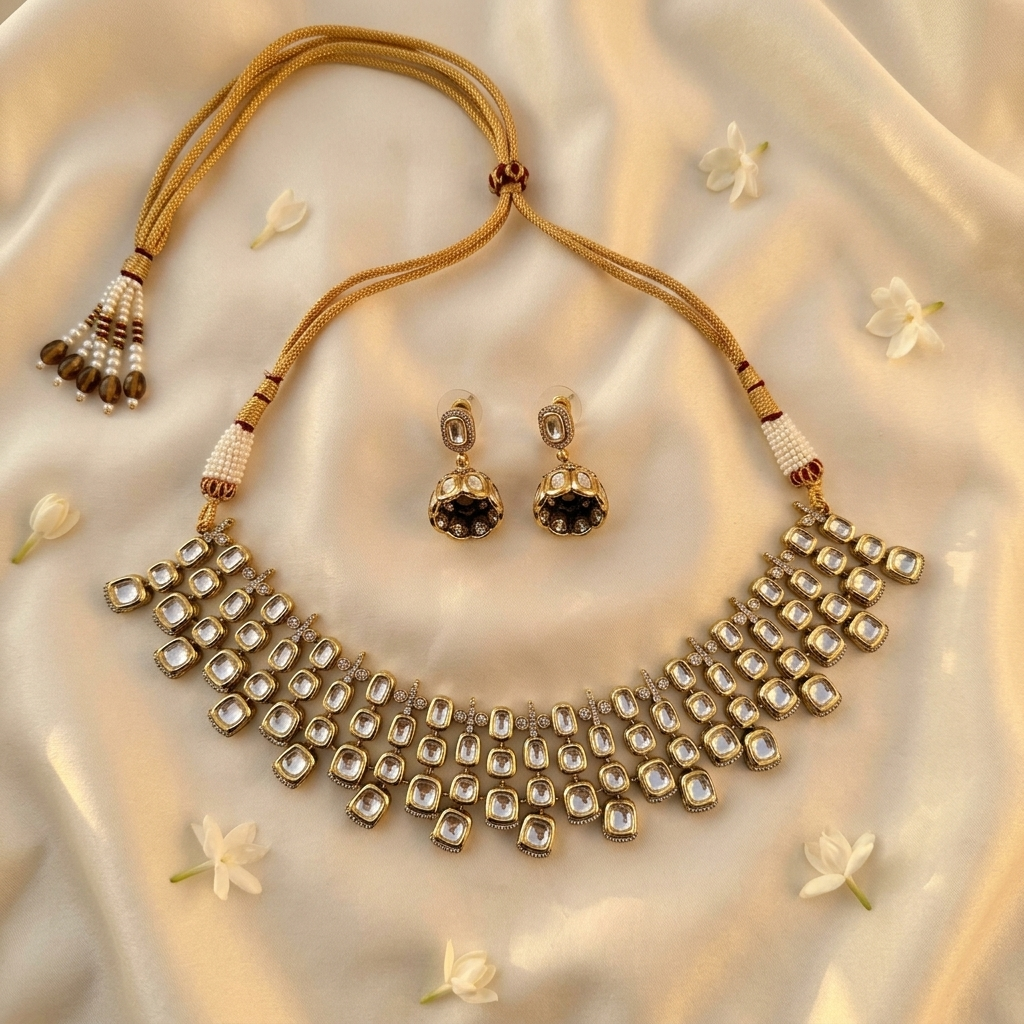 Royal Kundan-Inspired White Stone Necklace & Earrings Set