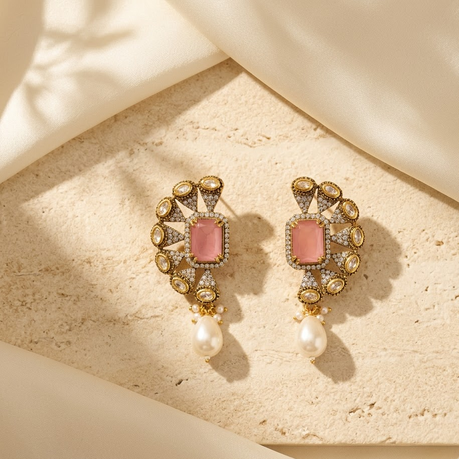 Vedilora Kundan Pearl Drop Earrings – Green & Pink Statement Ethnic Jewellery