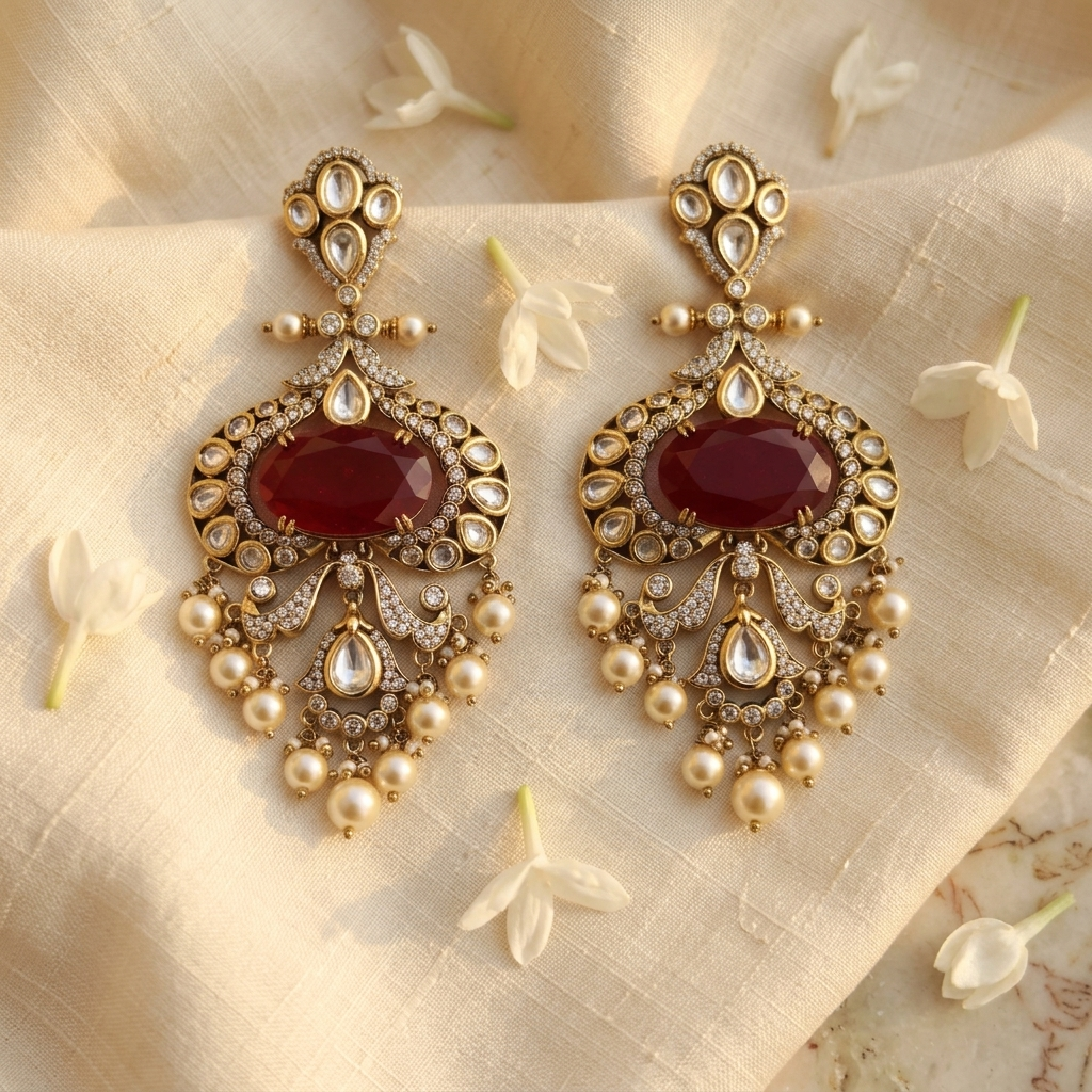 Ruby Red Kundan Chandelier Earrings – Gold-Tone Pearl & Crystal Statement Earrings