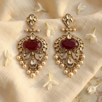 Ruby Red Kundan Chandelier Earrings – Gold-Tone Pearl & Crystal Statement Earrings