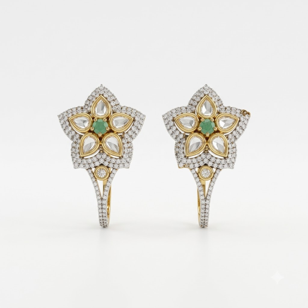 Vedilora Kundan Floral Drop Earrings – Green & White Statement Earrings