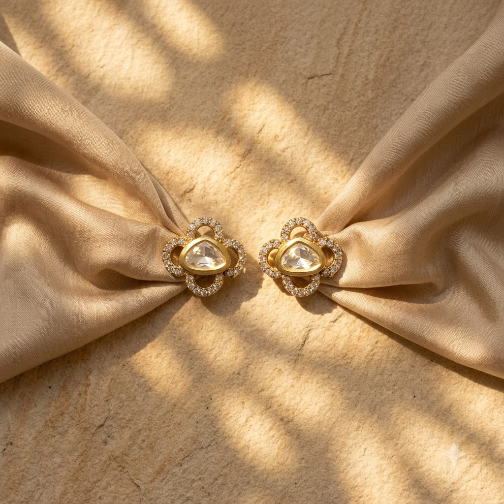Vedilora Kundan Triangle Stud Earrings – Elegant Gold-Tone Statement Jewellery