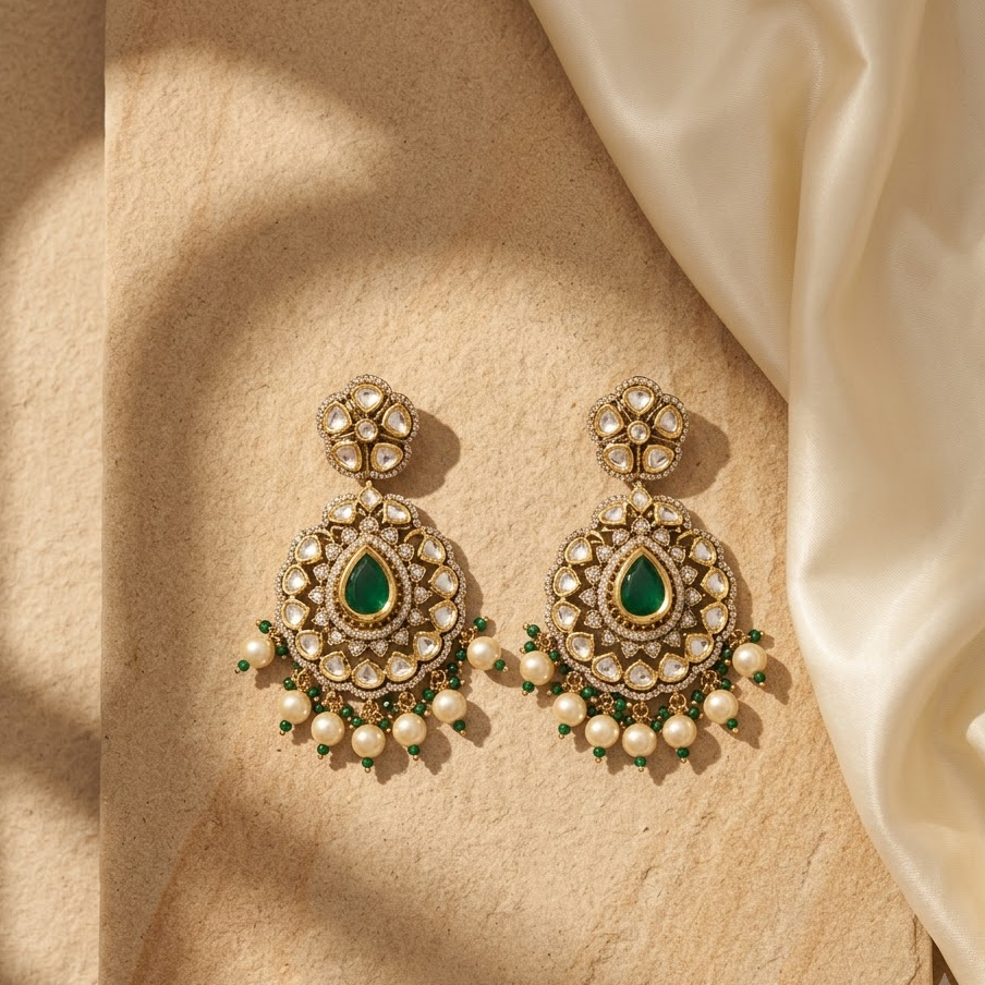Vedilora Kundan Pearl Drop Earrings – Ruby, Green & White Statement Jewellery