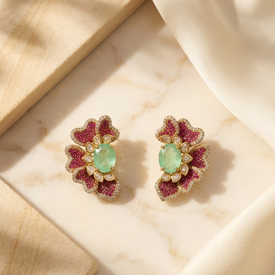 Vedilora Kundan Floral Stud Earrings – Green, Pink & Red Statement Jewellery