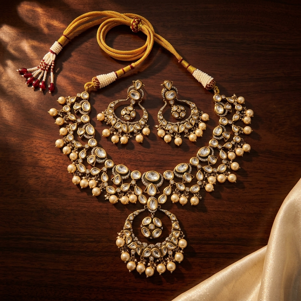 Royal Pearl Kundan-Inspired Bridal Necklace & Earrings Set