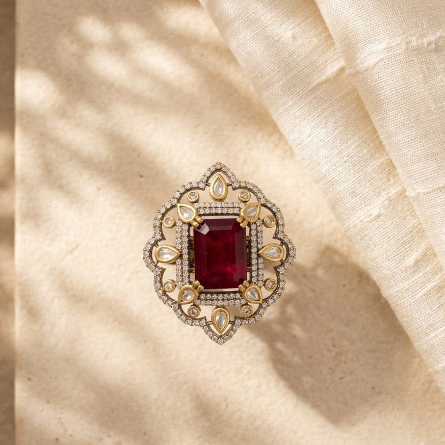 Kundan Floral Statement Ring Free Size / Adjustable Fit