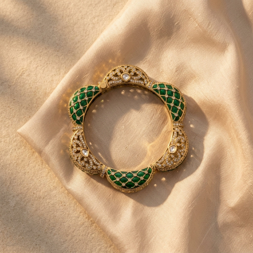 Luxury Emerald Green Kundan Polki Kada Bracelet for Women