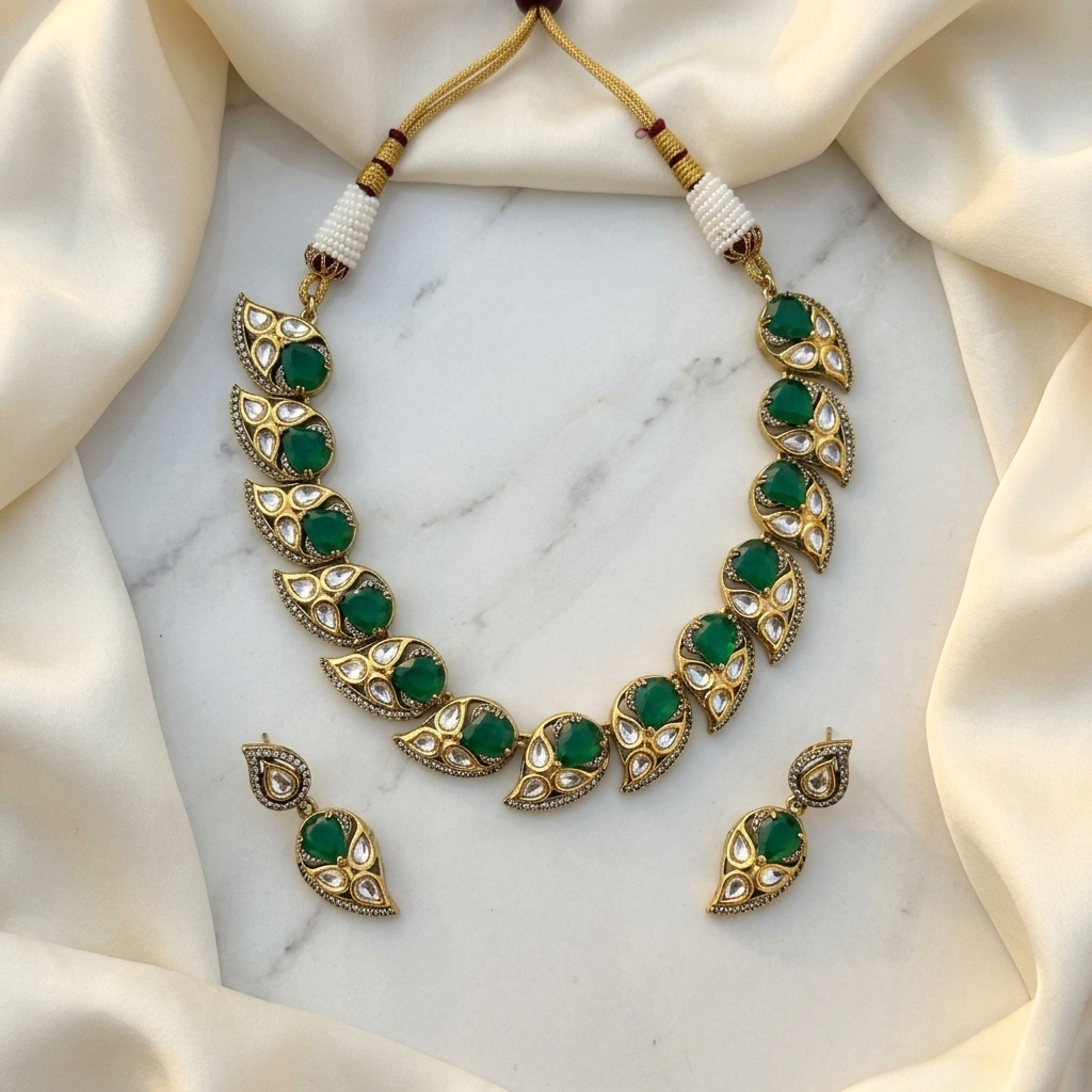 Emerald Green Kundan-Inspired Necklace & Earrings Set