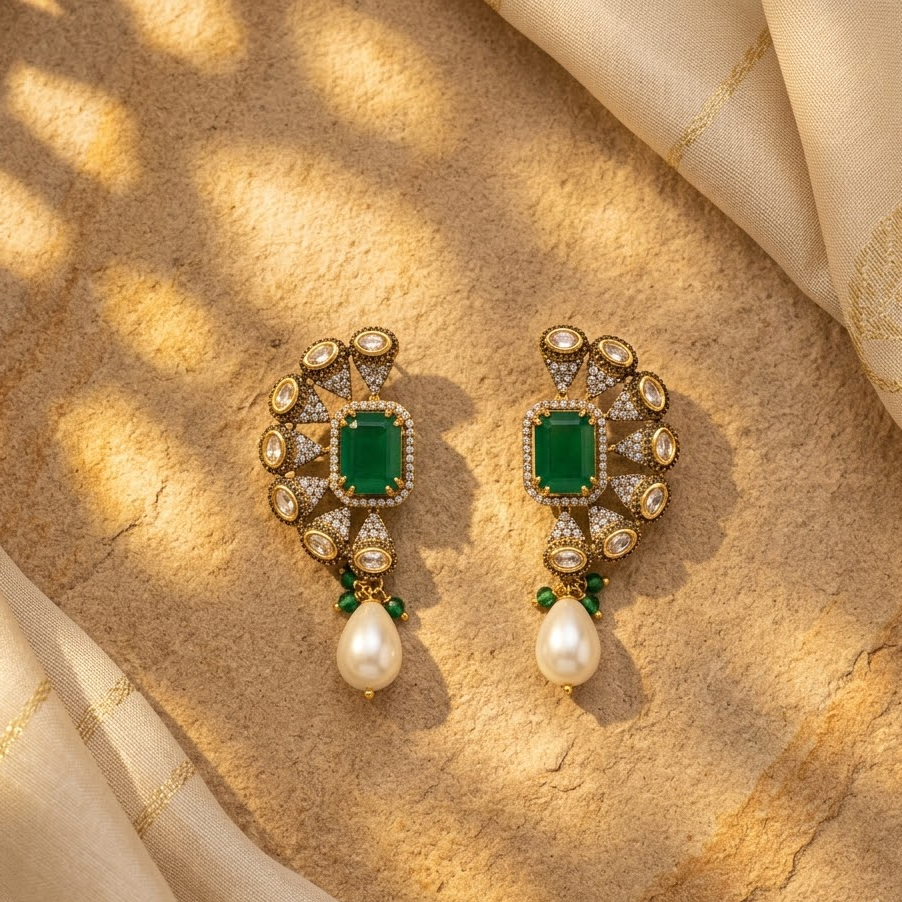 Vedilora Kundan Pearl Drop Earrings – Green & Pink Statement Ethnic Jewellery