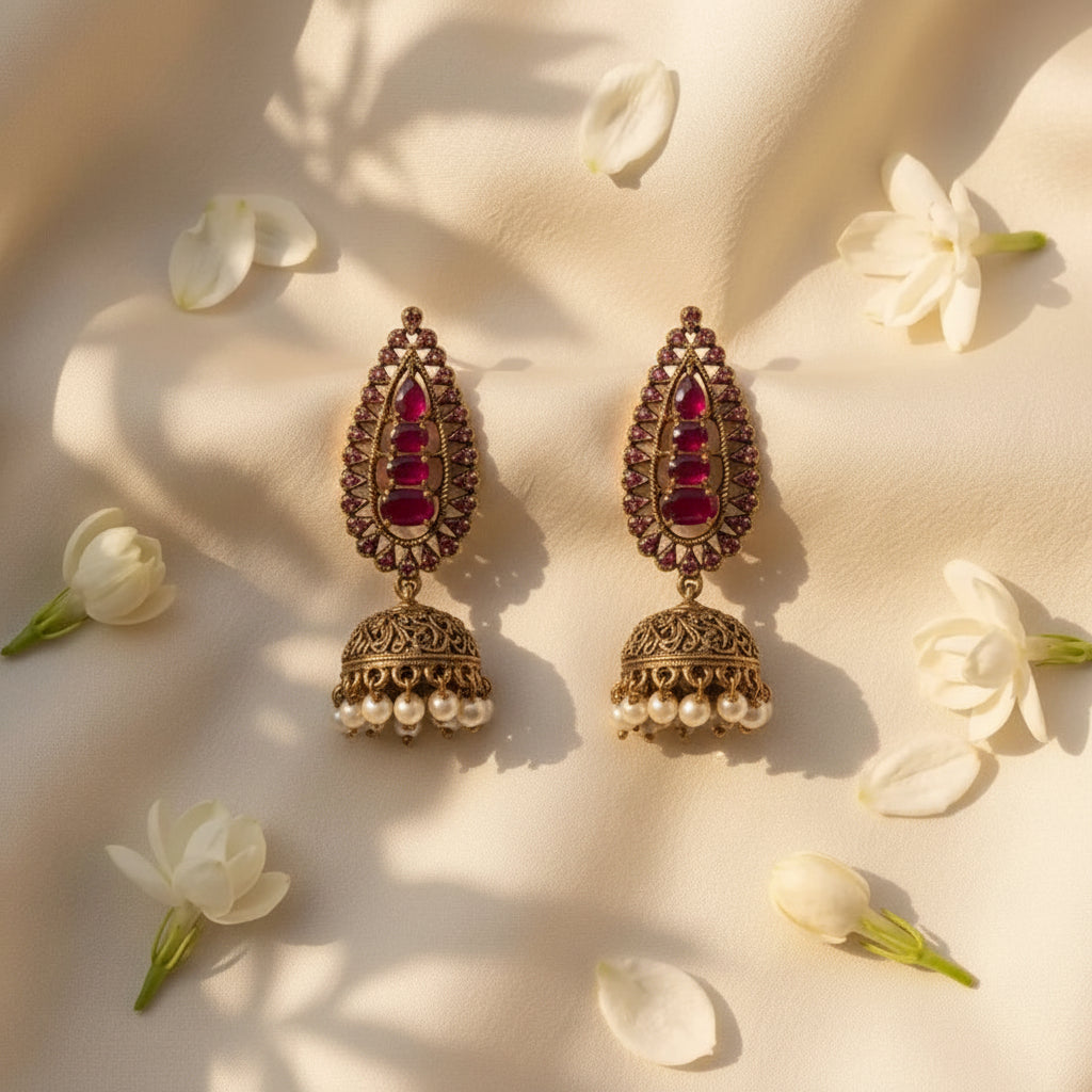 Elegant Pink Kundan-Inspired Pearl Jhumka Earrings