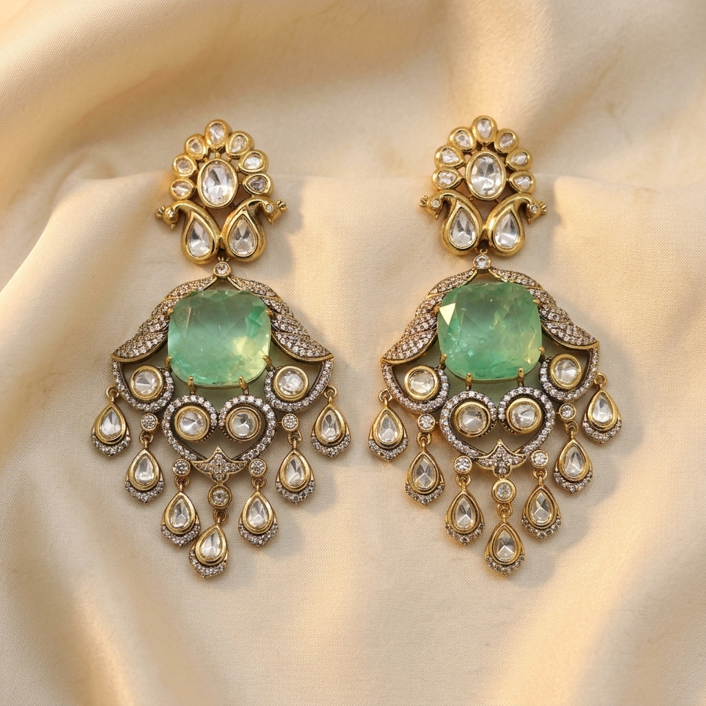 Mint Green Statement Chandelier Earrings – Gold-Tone Crystal & Stone Earrings
