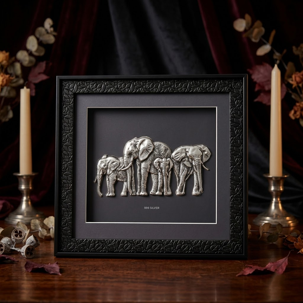 Elegant Elephant Family 999 Silver Foil Art Frame