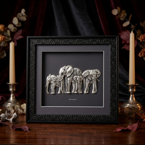 Elegant Elephant Family 999 Silver Foil Art Frame