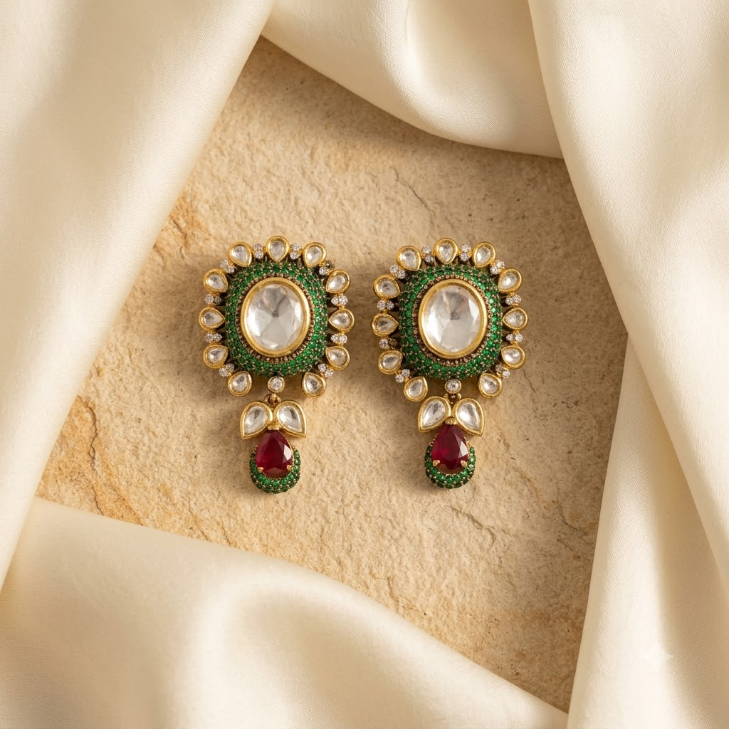 Vedilora Kundan Drop Earrings – Multicolor Stone & Gold-Tone Statement Earrings