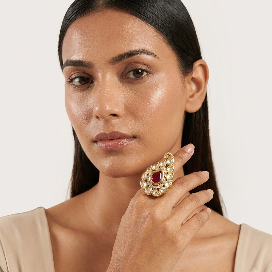 Teardrop Kundan Statement Ring Free Size / Adjustable Fit