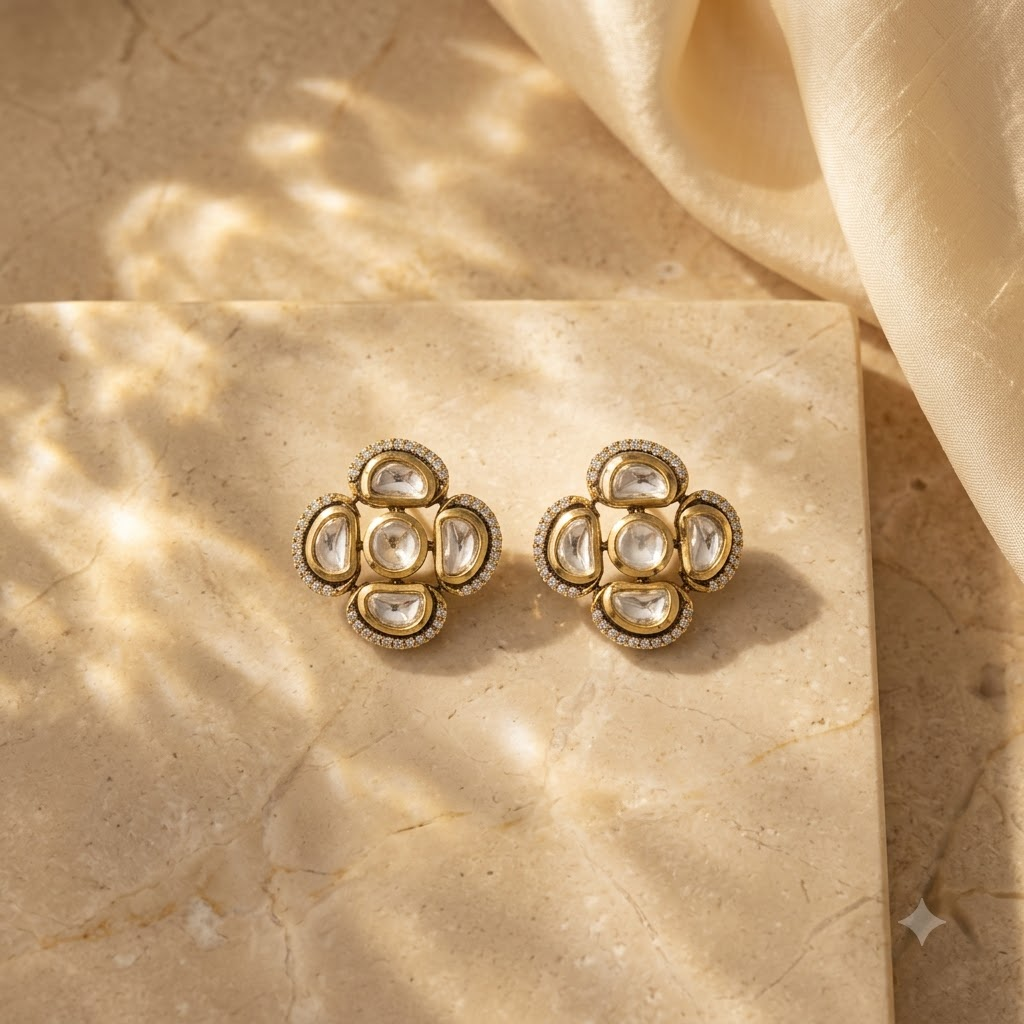Vedilora Kundan Geometric Stud Earrings – Gold-Tone White Stone Statement Jewellery